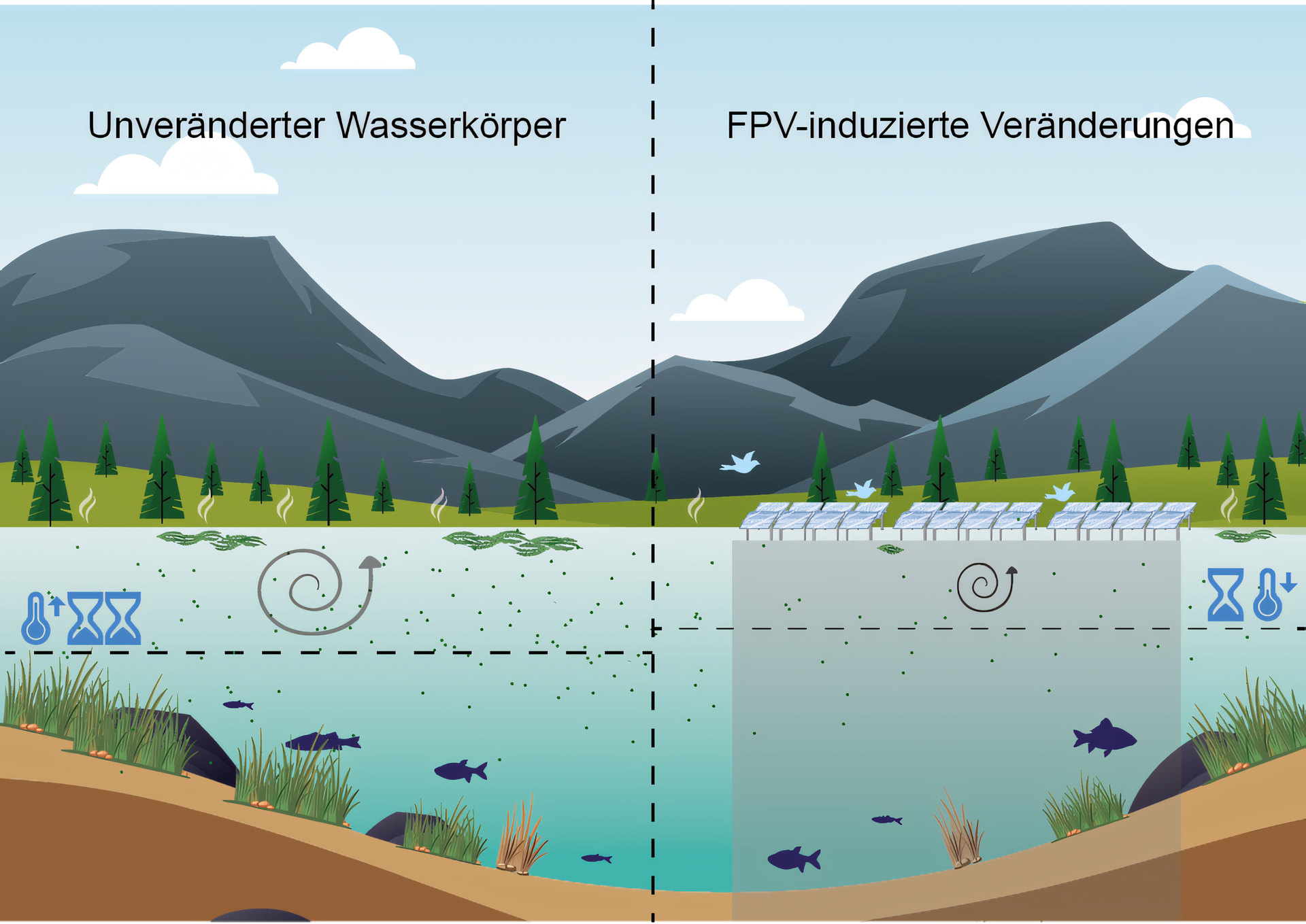 Auswirkungen der Bedeckung eines FPV-Systems auf den Wasserkörper im direkten Vergleich zu einem unbedeckten Wasserkörper